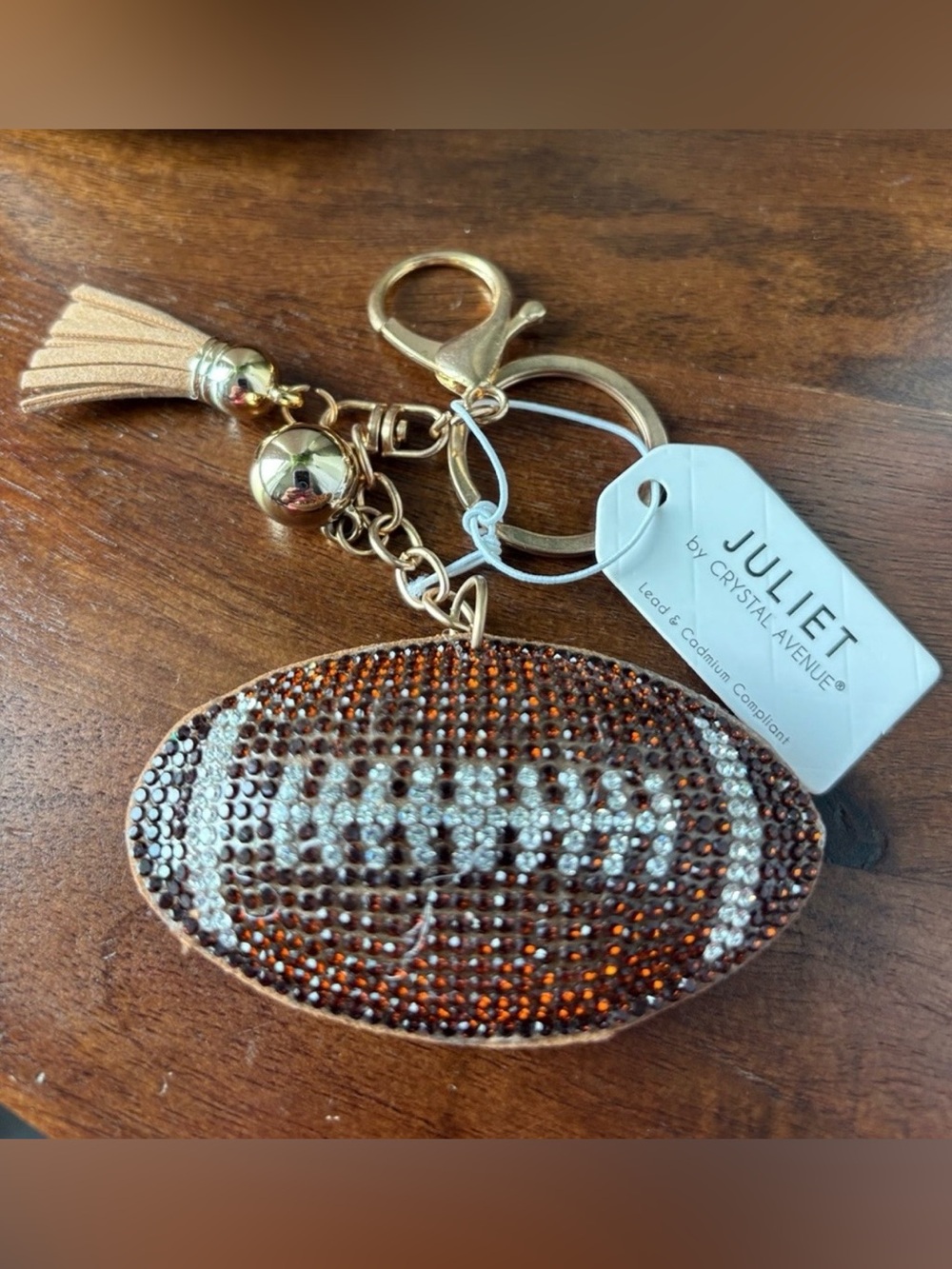 Crystal Avenue Puff Football,rhinestones, Felt keychain,gold fringe,clasp,O ring